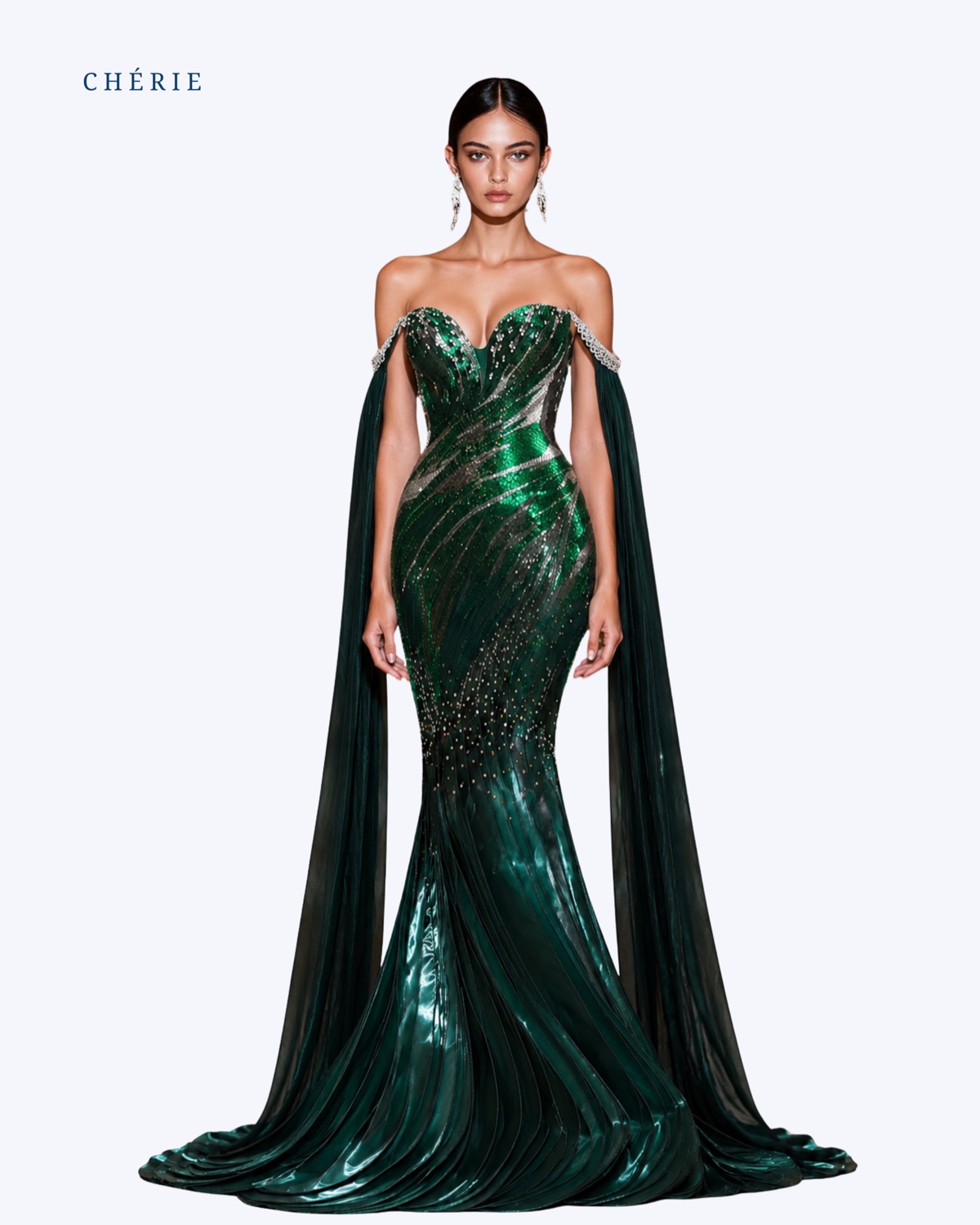 Hand Beaded Emerald Green Gown view 1