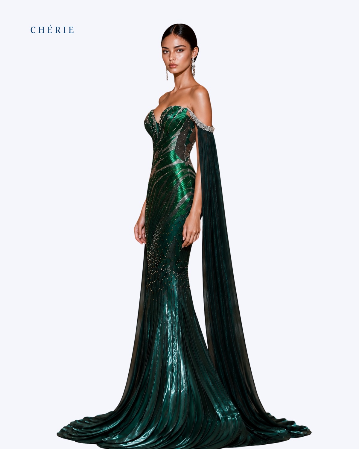 Hand Beaded Emerald Green Gown view 3